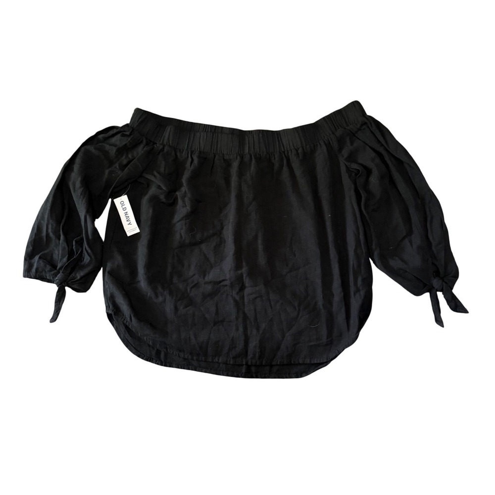Old Navy Black Off The Shoulder Tie Sleeve Blouse Petite Small Linen Blend NWT